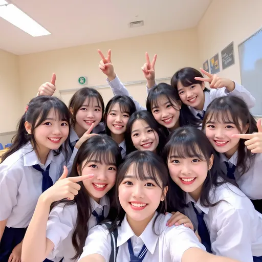 Prompt: In a bright classroom setting, eight students pose together for a selfie, exuding joy and camaraderie. The young girls, all dressed in white shirts and navy blue ties, display vibrant smiles while some flash peace signs and thumbs-up gestures, conveying a sense of friendship and fun. The background features a simple interior with beige walls and a few desks, suggesting a typical school environment. The lighting enhances their cheerful expressions, creating an energetic atmosphere filled with youthful enthusiasm. This image captures a moment of togetherness, highlighting the bonds formed during school life. Convert this to Ghibli art