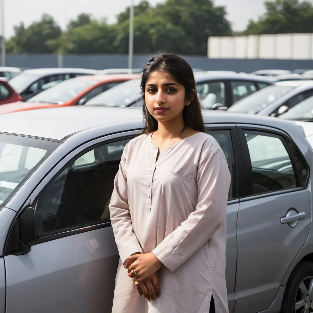 Prompt: A Pakistani Asian woman in her 20s, standing in a cAR PARKING WITH HONDA CAR