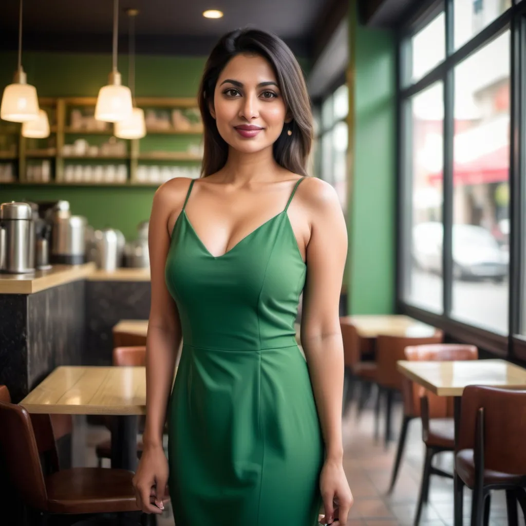 Prompt: A Pakistani Asian HOT woman in her 30s WITH HOT bREATS SIZE 
, standing in a cafe wearing a green sheath dress, with a confident and relaxed pose, and a slight smile. The background should be a stylish cafe with a blurred effect.”