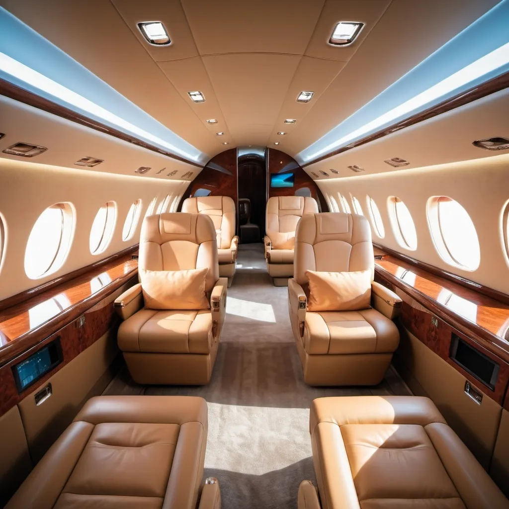 Prompt: A luxurious private jet interior with plush leather seats, ambient lighting, and a view of the sky through the windows, shot with a DSLR camera, 50mm lens, high dynamic range (HDR) processing, and a sleek