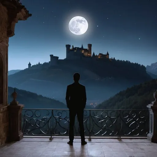 Prompt: A man standing on the terrace of his distant castle. From the terrace, he looks at the valleys, mountains and moonlight. The moon is bright and eye-catching, as if it makes the night bright. The man stands facing the landscape under the blue light of the moon. He closes his eyes, raises his arms and looks up at the moon. As if always breathing the Night. The majority of the photo is covered by the mountains, valleys and forest in front of the castle. It's as if there were no traces of humanity ahead. The ONLY building around is the man's own castle. The stars in the sky are at least as bright as the moon. But despite all this light, the sky remains dark