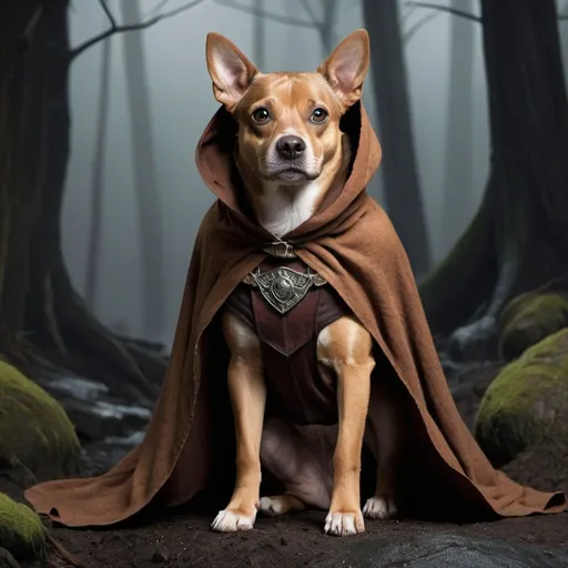 Prompt: a brown mid-size dog wearing a cloak in a dark fantasy world