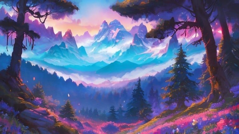 Prompt: Fairytale Fantasy mountains in the forest, pretty, lofi, aesthetic, digital art, trees, rocks, flowers, Disney