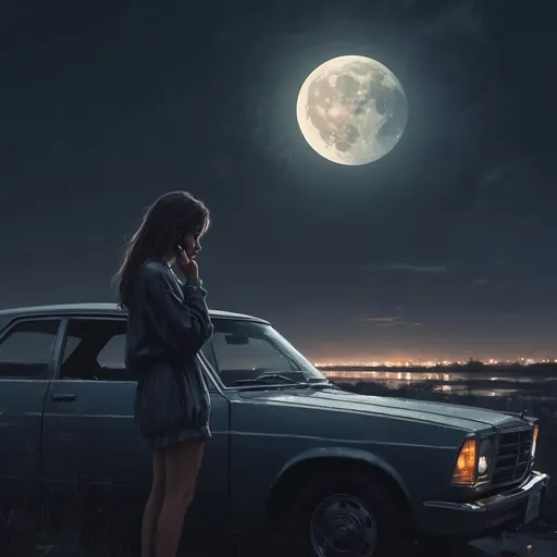 Prompt: Abstract art of a girl at night, standing by a car, melancholic atmosphere, gazing at the moon, holding a phone, artistic style: abstract, cool tones, moonlit night, detailed reflection, highres, emotional, thoughtful, waiting, telephone, artistic, abstract art, night scene, introspective, album art