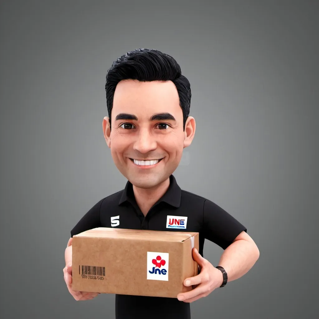 Prompt: 3D big head, 38 year old man smiling holding a package with a JNE label, black hair, thin, tall, wearing a JNE Express uniform