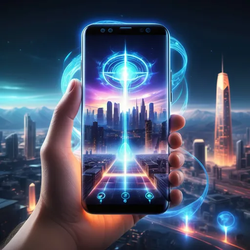 Prompt: (realistic image of a smartphone with supernatural powers), (highly evolved future), glowing energy emanating from the phone, sleek design, ultra-detailed, vibrant colors, advanced technology, glowing elements, futuristic cityscape background, intricate designs, soft ambient lighting, ethereal atmosphere, cosmic landscape, imaginative setting, blending nature and technology, depicting harmony and evolution, immersive and captivating scene, 4K resolution.