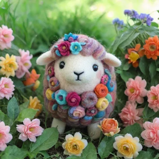 Prompt: (cute wool felt sheep), whimsical scene, vibrant flowers in full bloom, lush greenery surrounding, cheerful and tranquil ambiance, soft pastels, warm sunlight flooding the garden, high detail, 4K resolution, dreamy atmosphere, artistic representation of nature's beauty, appealing colors, enchanting garden setting.