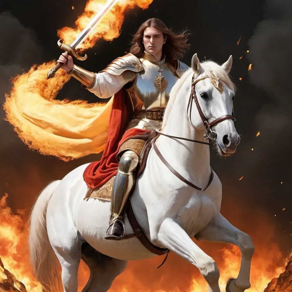 Prompt: King with brown hair on a white horse and fire sword