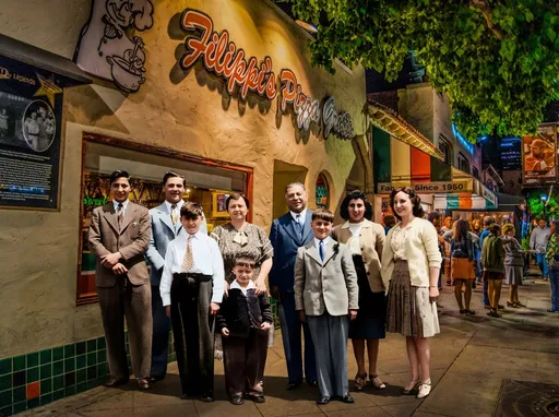 Prompt: have all the people in the first photo be sanding out front of photo 2