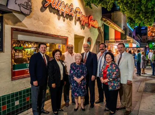 Prompt: have all the people in the first photo be standing  in front of photo 2