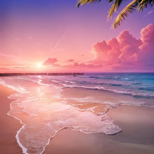 Prompt: A breathtaking scene of a beach at sunset. The colors transition from deep oranges and pinks near the sun to purples and blues higher in the sky. Gently swaying palm trees. Soft waves lap at the sandy shore, which is dotted with seashells and small pieces of driftwood. Seagulls can be seen flying in the distance. Ultra high definition. Very detailed