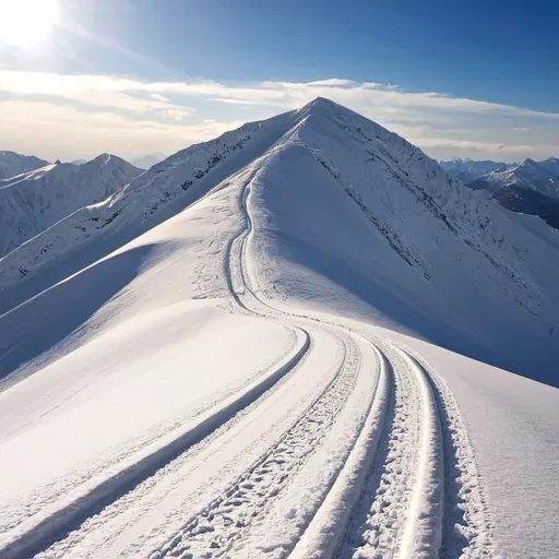 Prompt: The mountains with snow on the top and many tracks 