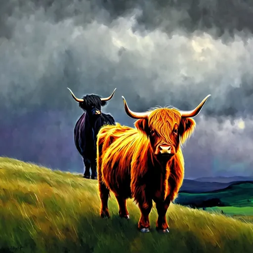 Prompt: oil paint one highland cow, that are standiing on a hill, in the distance, a open field, stormy weather. 
dark colors, dramatic, 
Visible strokes,rough edges,