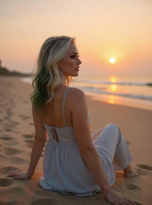 Prompt: let her sit at the beach and watch the sunset. wearing a dress in color light blue