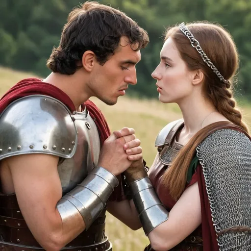 Prompt: In a pastoral scene a Tall young woman face to face, a man wearing ancient  roman warrior garb, no helmet, realistic, natural lighting, chain mail,spear , looking directly at each other, he is kissing her hand