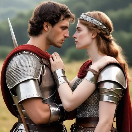 Prompt: In a pastoral scene a Tall young woman face to face, a man wearing ancient  roman warrior garb, no helmet, realistic, natural lighting, chain mail,spear , looking directly at each other, he is kissing her hand