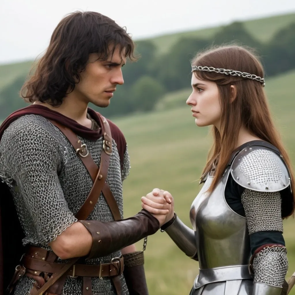 Prompt: In a pastoral scene a Tall young woman face to face and holding one hand with a man wearing visigothic warrior garb, no helmet, realistic, natural lighting, chain mail, spear , looking directly at each other