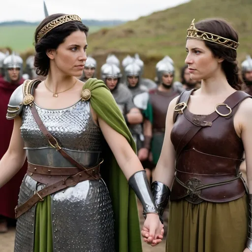 Prompt: two women with slight smiles standing side-by-side, looking at each other, holding hands, one roman woman with a tiara and no weapon and green tunic, one warrior woman with chain mail and spear and bare head and chain mail,
