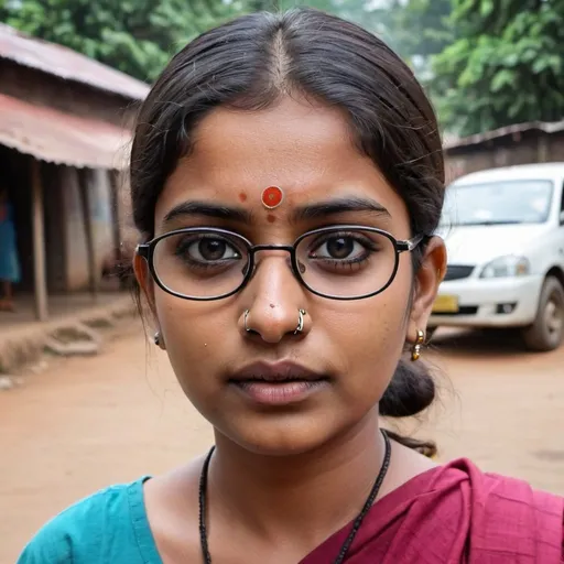 Prompt: A girl who is with big spectacles, big bindi, big nose ring, tough look