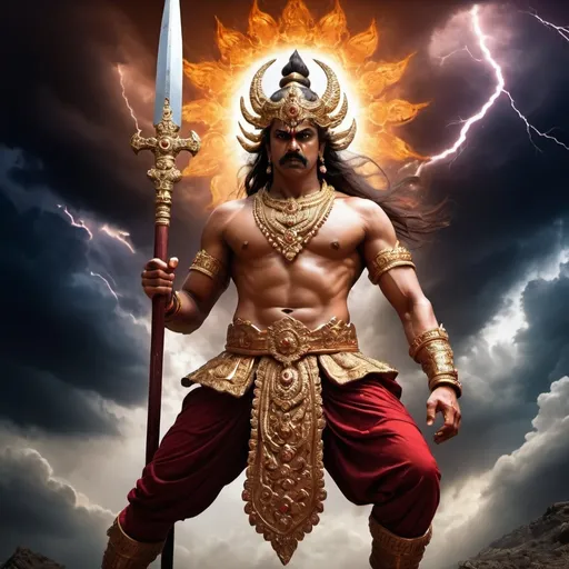 Prompt: (Lord Kalki in anger), divine protector, wrathful god, intense expression, dynamic action, glowing eyes, thunderous skies, divine sword, traditional warrior armor, vivid energy aura, mythological setting, intense action stance, ethereal light, cinematic, vibrant colors, dramatic lighting, powerful atmosphere, tempestuous mood, high-energy composition, celestial background, 4K resolution, ultra-detailed, high quality