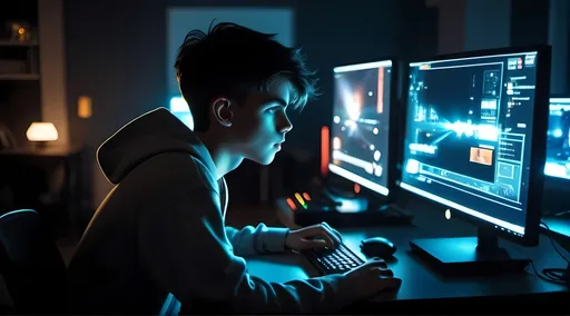 Prompt: Create according to the prompts on the screen, a boy, in a college dormitory, playing a computer game, the light on the computer screen hits the boy's face, night, cyber style, side view, high precision, movie level, 4K, 8K, high quality