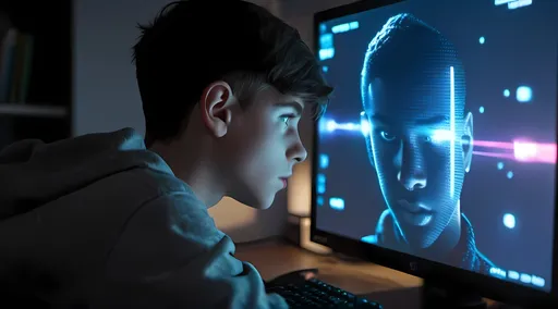 Prompt: Create according to the prompts on the screen, a boy, in a college dormitory, playing a computer game, the light on the computer screen hits the boy's face, night, cyber style, side view, high precision, movie level, 4K, 8K, high quality