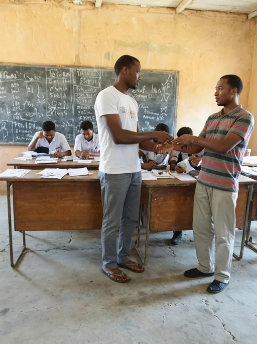 Prompt: In a classroom setting characterized by a rustic atmosphere, two men engage in a handshake that signifies a moment of agreement or accomplishment; the man on the left, dressed in a white t-shirt and gray pants, looks earnestly at the other, who wears a striped shirt and is preparing to receive something, likely a document or acknowledgment. The room features a blackboard filled with handwritten notes and a few scattered papers across a wooden table, creating a busy educational environment. Additional individuals are seen in the background, focused on tasks or engaged in conversation, while the concrete floor and simple furniture suggest a functional, no-frills space. The lighting is soft and natural, highlighting the earnest expressions of the participants, evoking a sense of teamwork and purpose in the air.