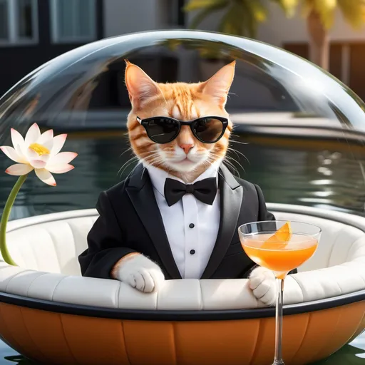 Prompt: an orange tabby cat dressed in a tuxedo, wearing sunglasses, and drinking a martini in a floating White Lotus SR1 with its windows rolled down