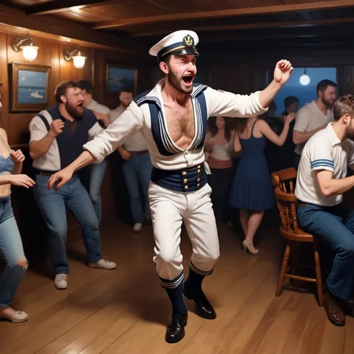 Prompt: Hyperrealistic drunk sailor dances 