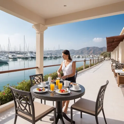 Prompt: A spacious terrace at the Laguna Marina villa, with stunning views of the marina and a guest enjoying breakfast at a table.

