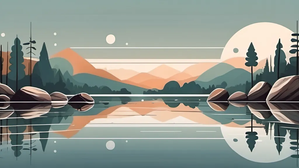 Prompt: (minimalist banner design), retro aesthetic, geometric lines and shapes,  illustration of nature, tranquil lake reflecting, textured wooden area, smooth round rocks scattered, horizontal lines, HD quality