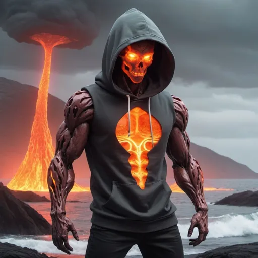 Prompt: A humanoid magma crature wearing a hoodie with no sleeves and seathing with power
