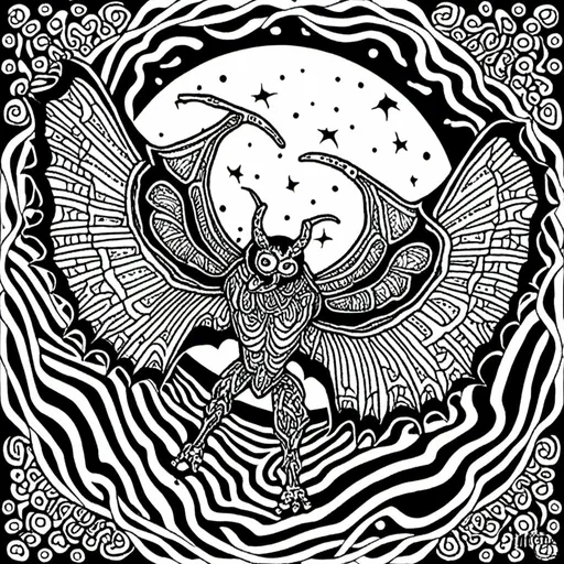 Prompt: <mymodel> mothman insectoidon chasing a car, moon in background, intricate patterns, black and white coloring book style 
