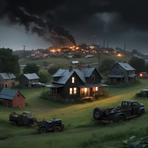 Prompt: a scene of a homestead on a hill with a farm,  a total black out in the inner city with chaos, emp in background  for a book cover