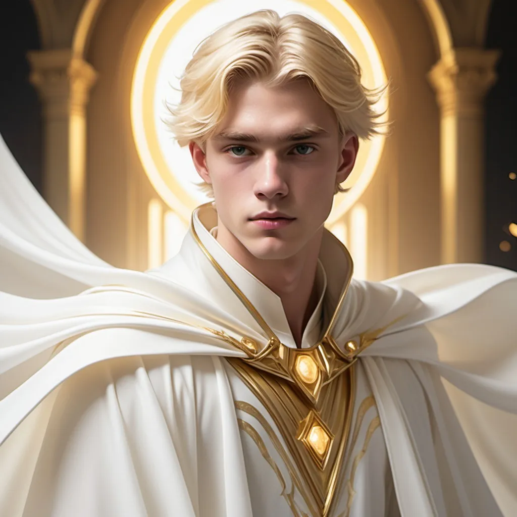 Prompt: A blonde man 18 years old dressed in white with gold accents and ten long white capes with gold acccents god of sunshine