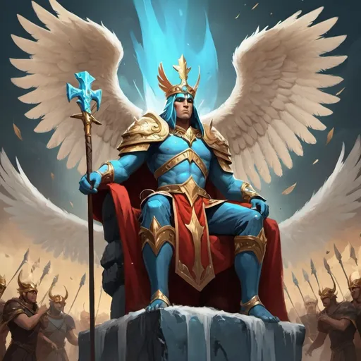 Prompt: dota skywrath as a king on a thrown full of his people  in a fantasy art style