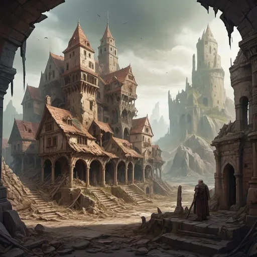 Prompt: broken  middle aged civilization in a fantasy art style