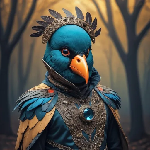 Prompt: A man in a bird custume in the style of a fantasy artwork
