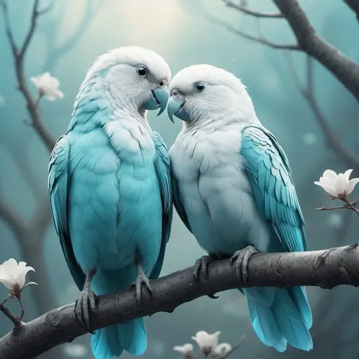 Prompt: 2 love birds cyan and a white   in a fantasy art style
 