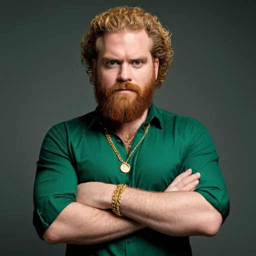 Prompt: create a Christopher Hivju picture of him wearing a green dress shirt showing some of his chest to show a gold chain. He has his arms crossed and is not smiling.