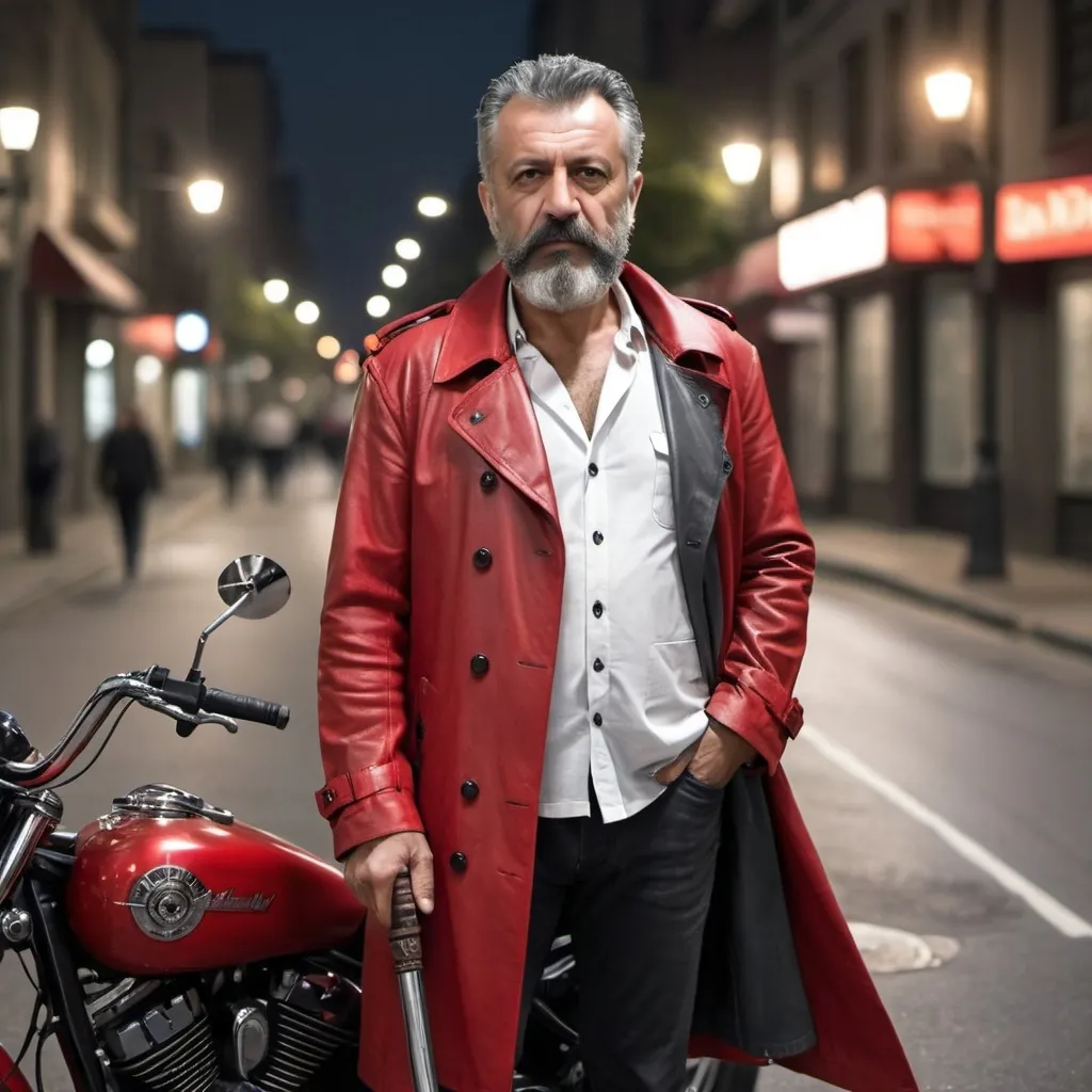 Prompt: A physically fit, intense looking 55-year old Turkish man with a beard and black and grey hair, wears a red leather trench coat, dark pants, white shirt, and carries a long, carved staff. He's standing next to a red Harley Davidson in a city street, late at night. 