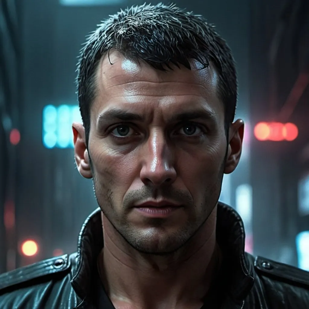 Prompt: 40-ish male police detective in Blade Runner like future. Short cropped dark hair. Athletic build.