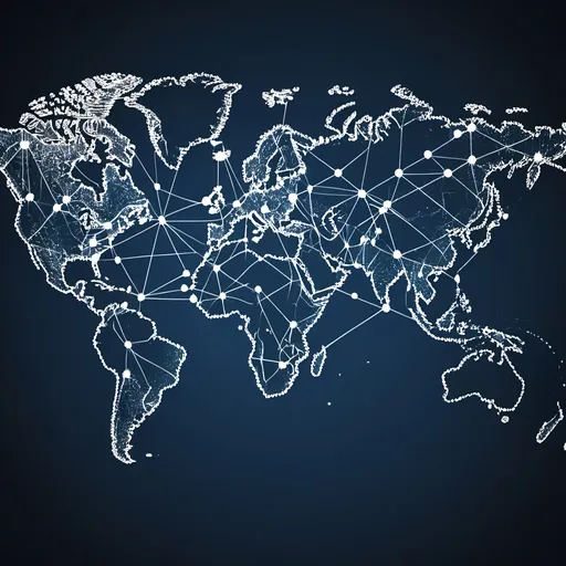 Prompt: An image showing a network of interconnected dots or lines across a world map, representing global connectivity and outreach. This can symbolize the global nature of offshore outsourcing and the company's ability to connect businesses worldwide.