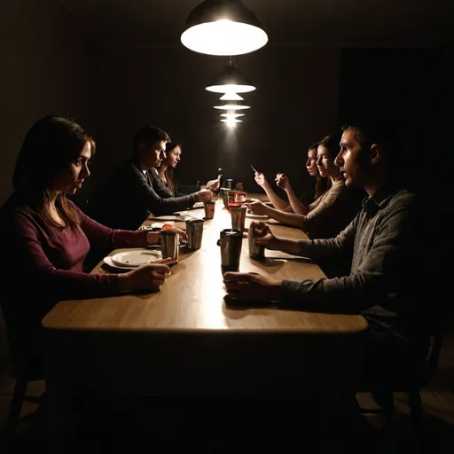 Prompt: many pepople stting at the table in the dark ,shoot by many flashlight