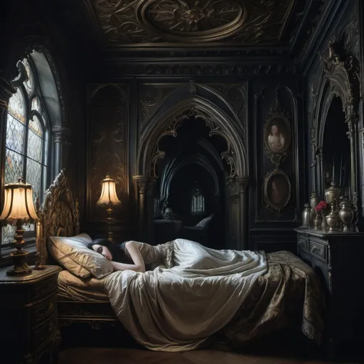 Prompt: in a large gothic bedroom, dim light, a woman with pail skin and long dark hair is sleeping in an ornate bed