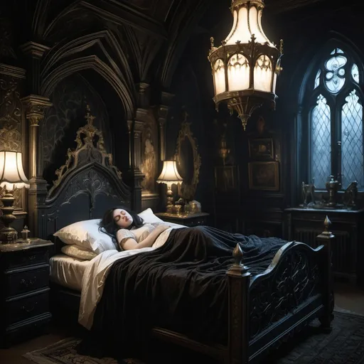 Prompt: in a large gothic bedroom, dim light, a woman with pail skin and long dark hair is sleeping in an ornate bed