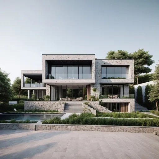 Prompt: A three-story villa with a civil facade and stone, metal and glass materials with a green landscape