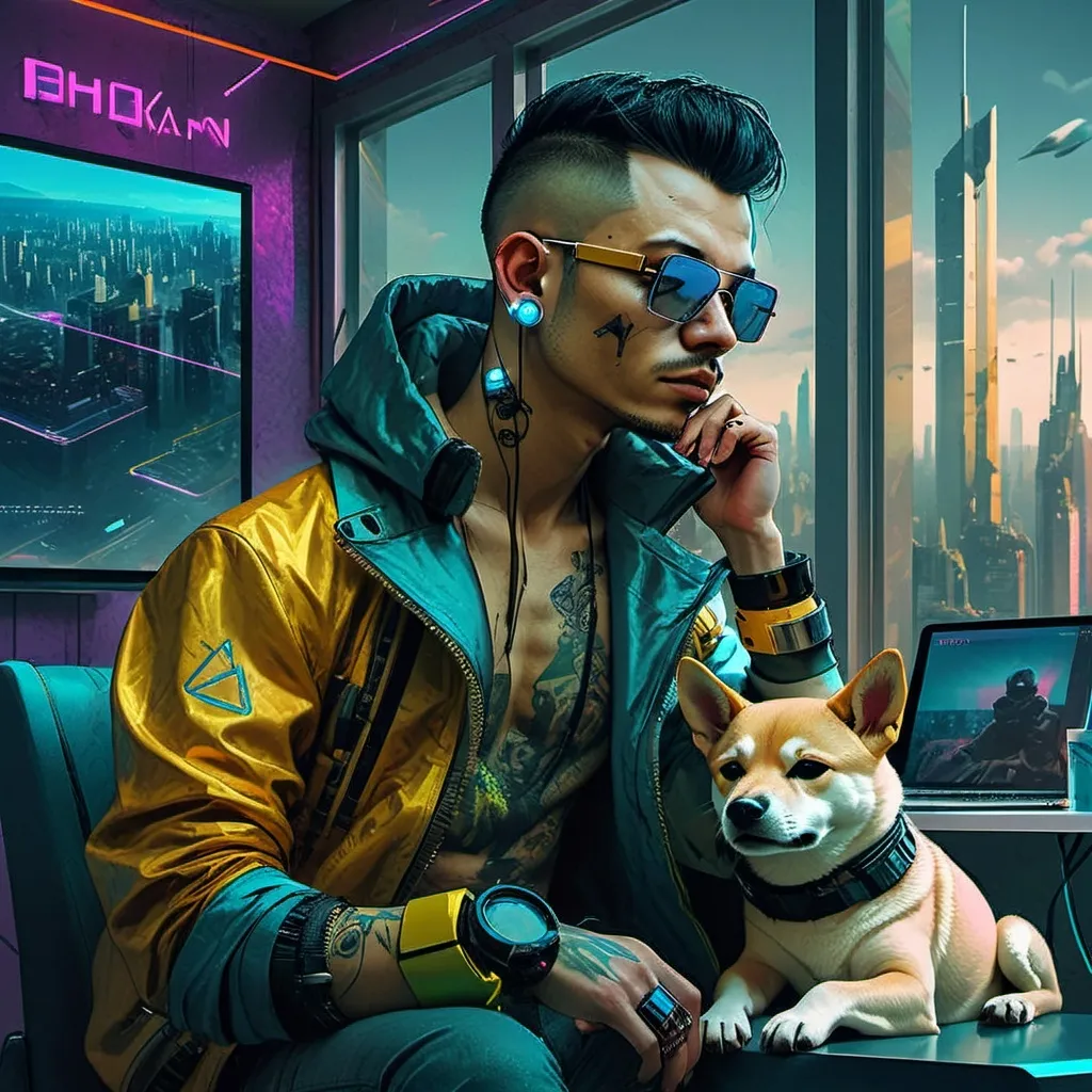 Prompt: (cyberpunk man with a cute shiba puppy) in a futuristic high-rise studio, (ultra-detailed, 4K), dramatic neon lights, sleek modern furnishings, man focused on futuristic news display, stylish attire with a distinctive zero armband, dynamic urban skyline visible through large windows, cozy yet high-tech ambiance, rich colors with a blend of blue, purple, and metallic tones.