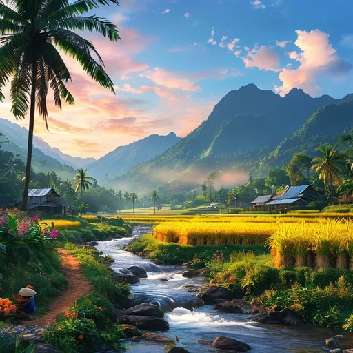 Prompt: (accurately spelled text "กรุณาสร้างภาพภูเขายามเช้า") serene mountain landscape, early morning light, vibrant sky, farmhouses amidst golden rice fields, flowing stream in the foreground, abundant wildlife, lush green coconut trees, bright yellow flowers; farmers harvesting rice, colorful birds soaring overhead, peaceful and picturesque ambiance, high detail, ultra-detailed, photorealistic quality.