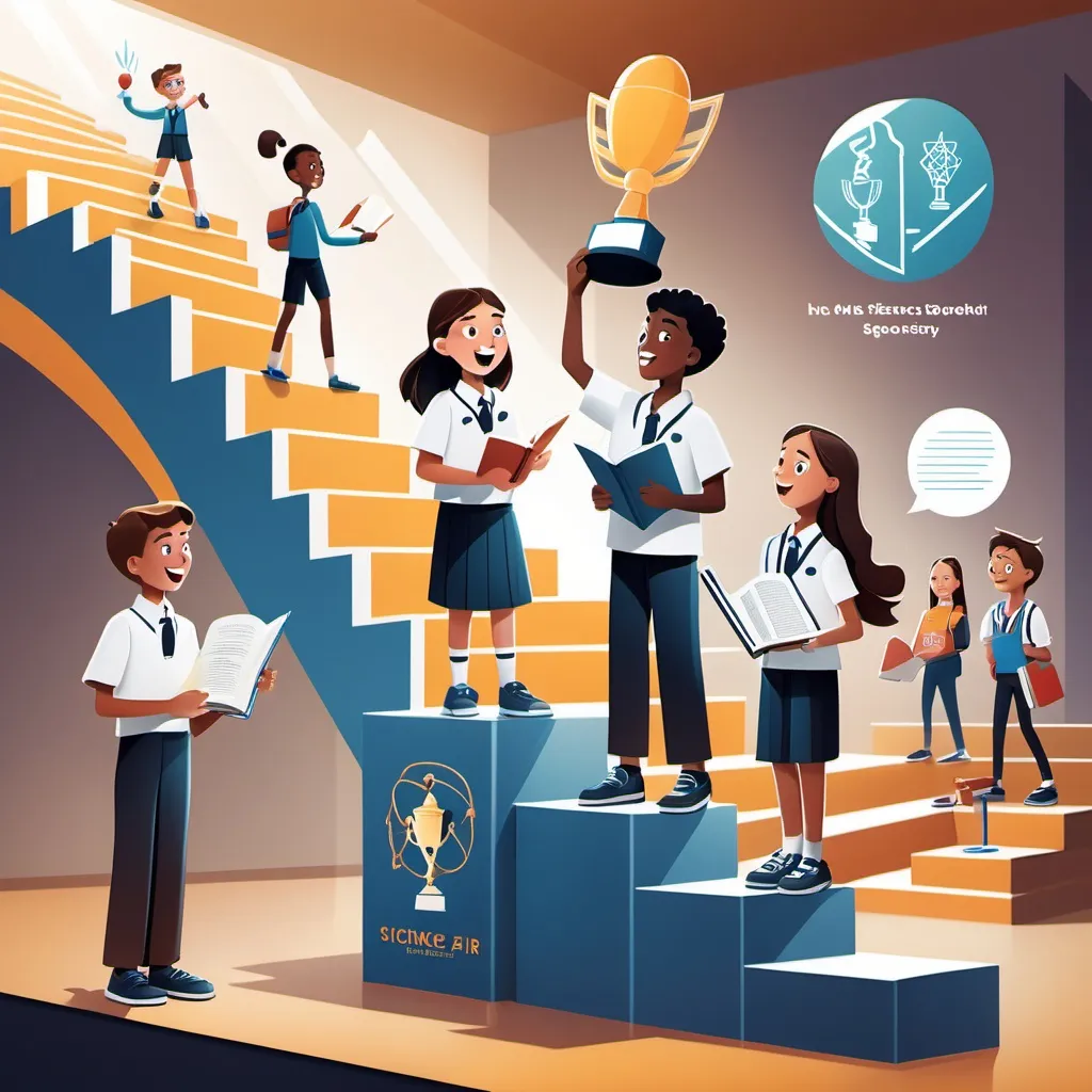 Prompt: A dynamic and inspiring image of students in a modern educational setting, each engaged in activities that represent excellence. One student is confidently delivering a speech on a podium, another is winning a science fair with a creative invention, while a third is excelling in sports, holding a trophy high. The background features an open book transforming into a staircase leading upward, symbolizing the journey of knowledge toward success. The atmosphere is bright and uplifting, with rays of light highlighting their achievements and a faint rainbow symbolizing hope and limitless potential